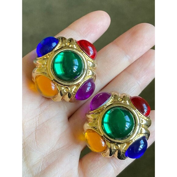 Vintage gold tone colorful clip on Earrings